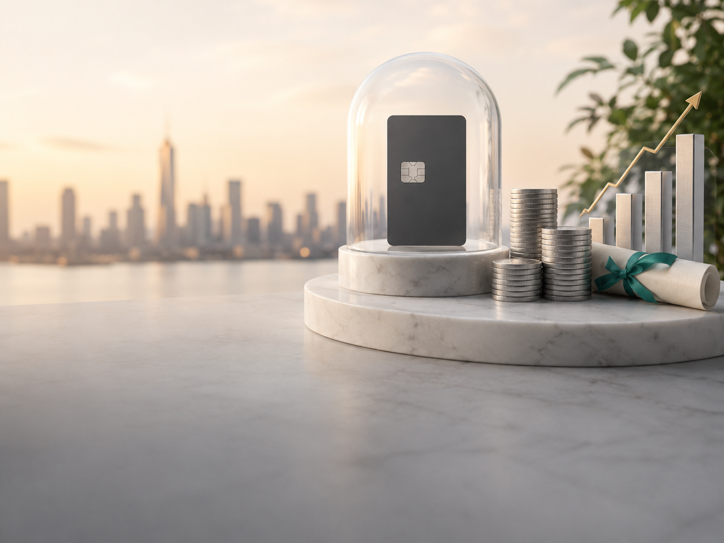 EarlyBird blog cover for 'Can you invest credit card rewards?' showing a dark EarlyBird Visa Signature credit card under a glass display dome, beside stacks of silver coins, an equity shares certificate, a rising gold arrow over a bar chart, and a small potted plant on a marble surface, with a city skyline behind.