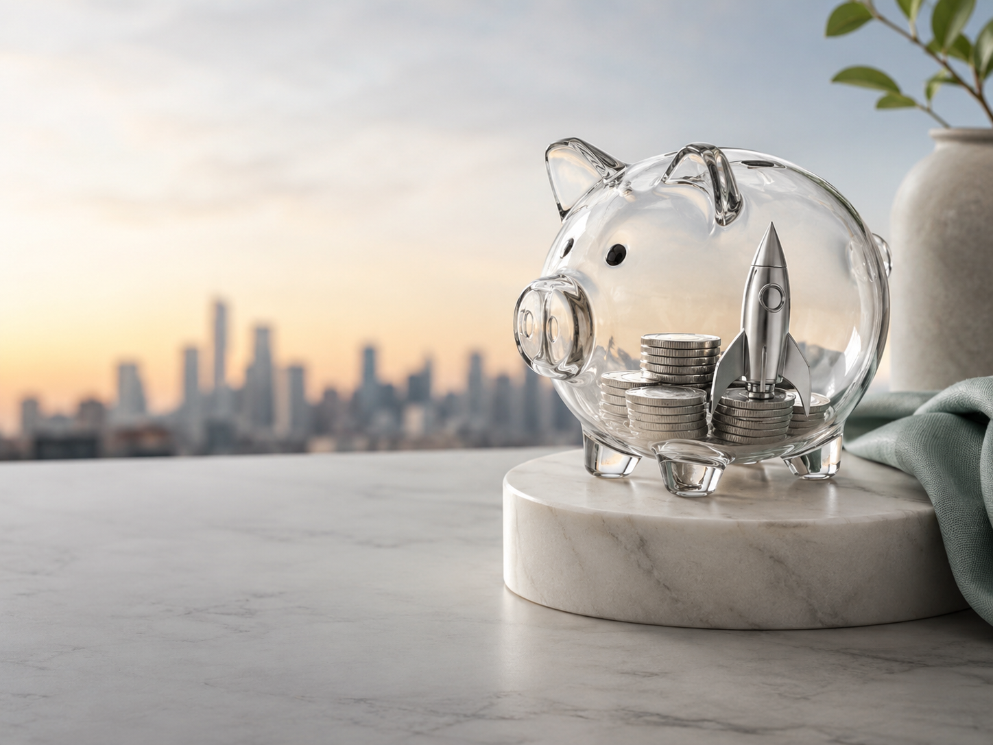 EarlyBird blog cover image with a clear glass piggy bank holding a silver rocket and a stack of coins on a marble pedestal in front of a city skyline, illustrating how Regulation Crowdfunding lets almost anyone invest in early-stage startups.