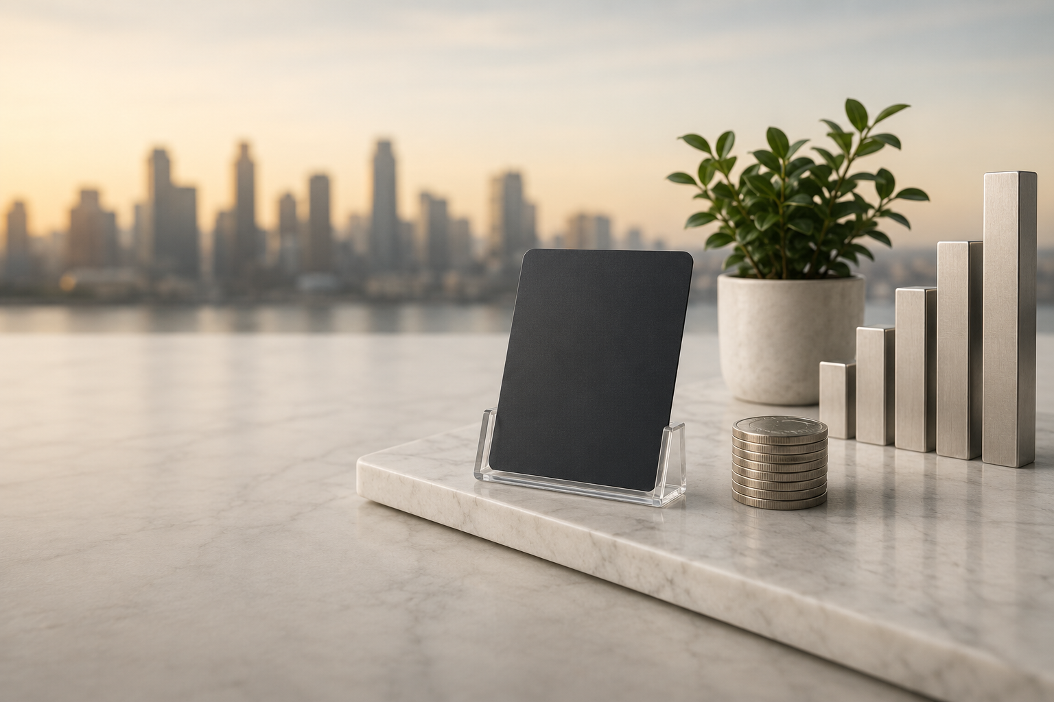 EarlyBird blog cover for 'What is cashback-to-equity?' showing a dark EarlyBird credit card on a clear stand beside stacks of silver coins, a small potted plant, and a rising bar chart on a marble surface, with a city skyline behind.